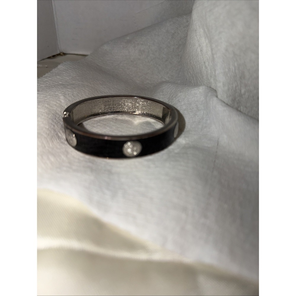 Fashion Silver Tone Black Enamel with Medallion Accents Hinged Bangle Bracelet